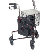 WALKER, ROLLATOR 3WHEEL ALUM WBASKET/TRAY/POUCH RED