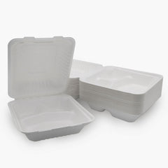 CONTAINER, 3-COMPRTMT TAKE OUTFIBER CLAMSHELL WHT 8" (200/C