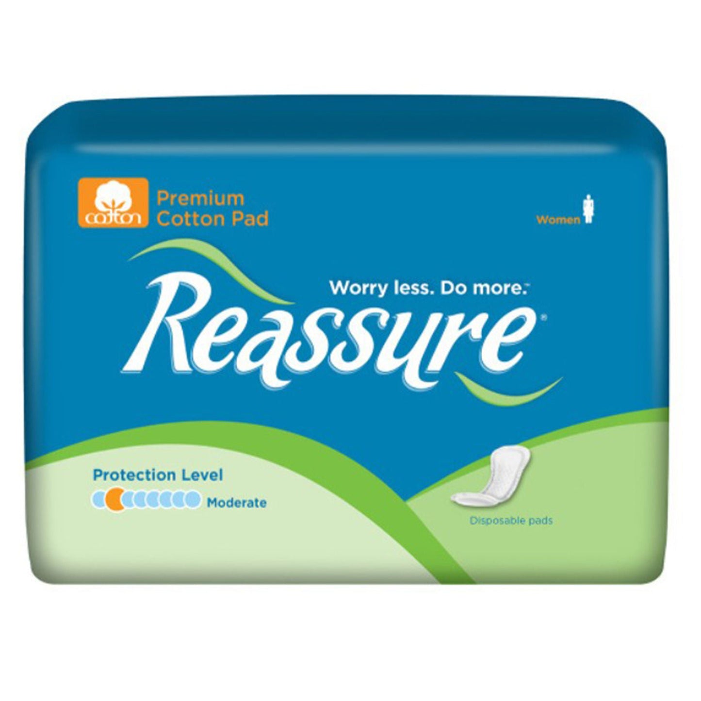 PAD, INCONT REASSURE PREM COTTON MODRT (24/BG 6BG/CS)