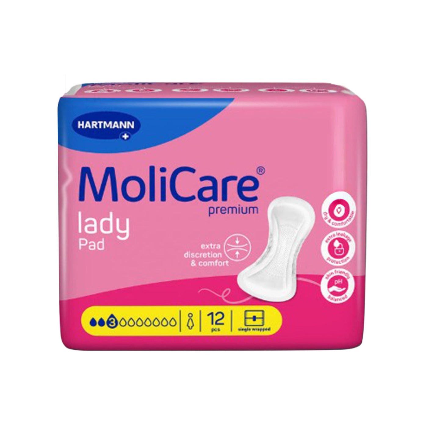 PAD, INCONT PREM LADY MOLICARE2DROPS (12/BG 18BG/CS)