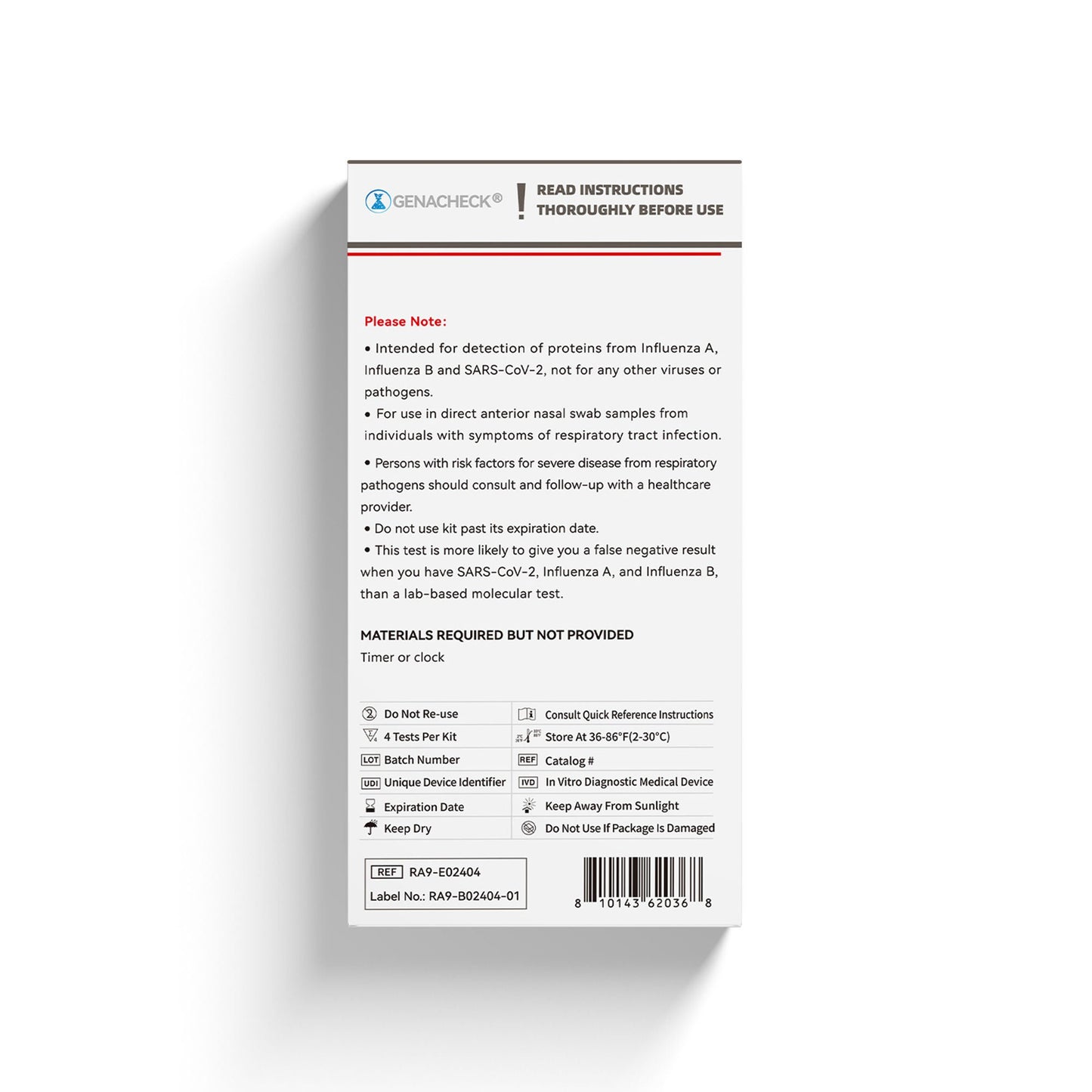 SELF-TEST KIT, COVID19/FLU A&BRAPID GENACHECK (4/KT 54KT/CS