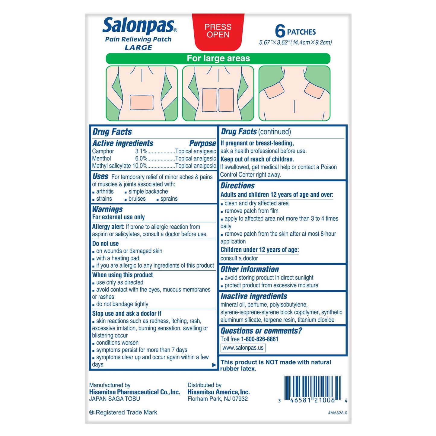 SALONPAS, PATCH PAIN RELIEVINGLG (6/EA 6/PK 12PK/CS)
