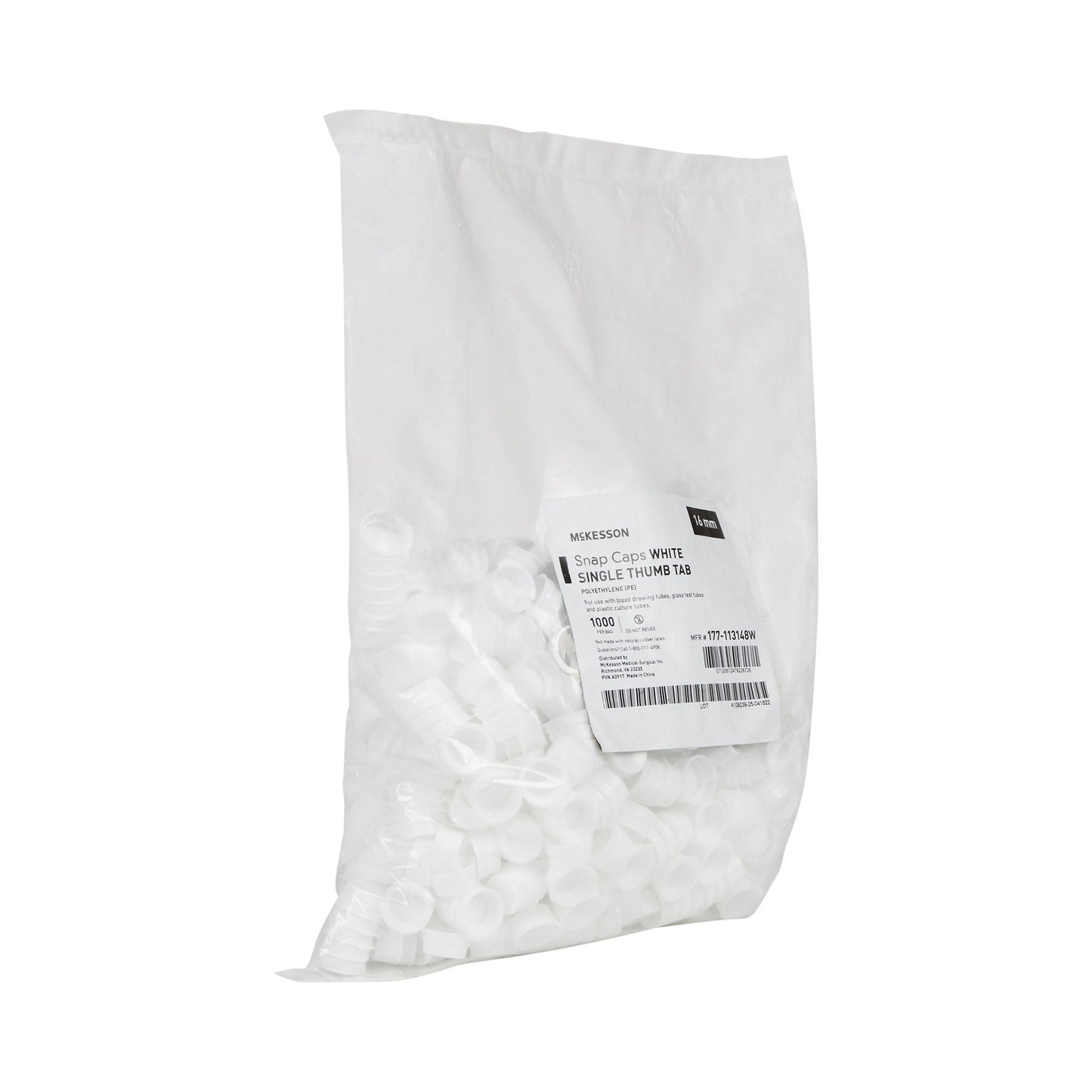 CAP, VAC TUBE WHT 16MM (1000/BG)