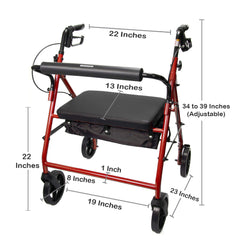 WALKER, ROLLATOR HVY DUTY FOLDING STEEL W/8" WHLS RED 400LB