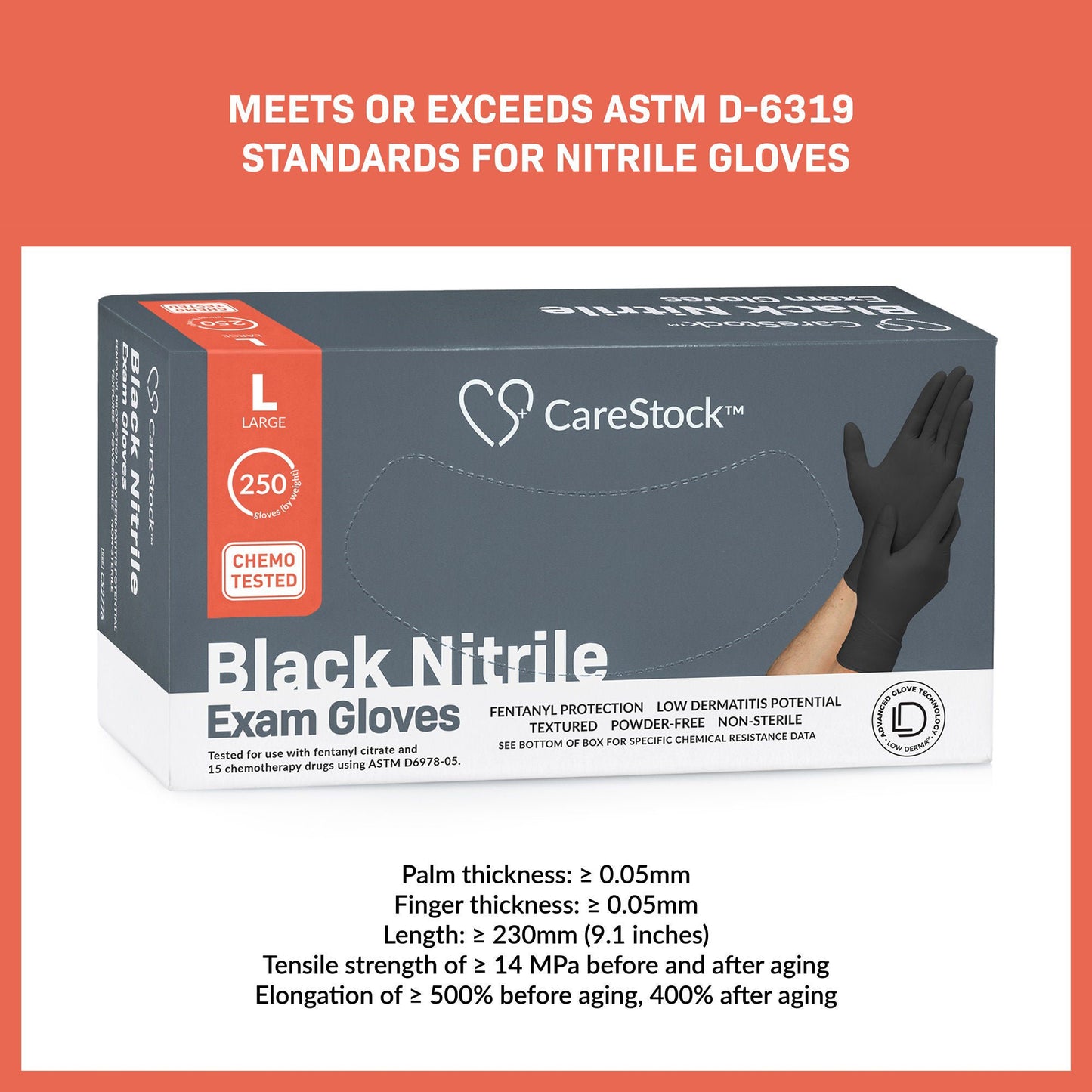 GLOVE, EXAM NTRL LG N/S CHEMO LDC BLK (250/BX 10BX/CS)