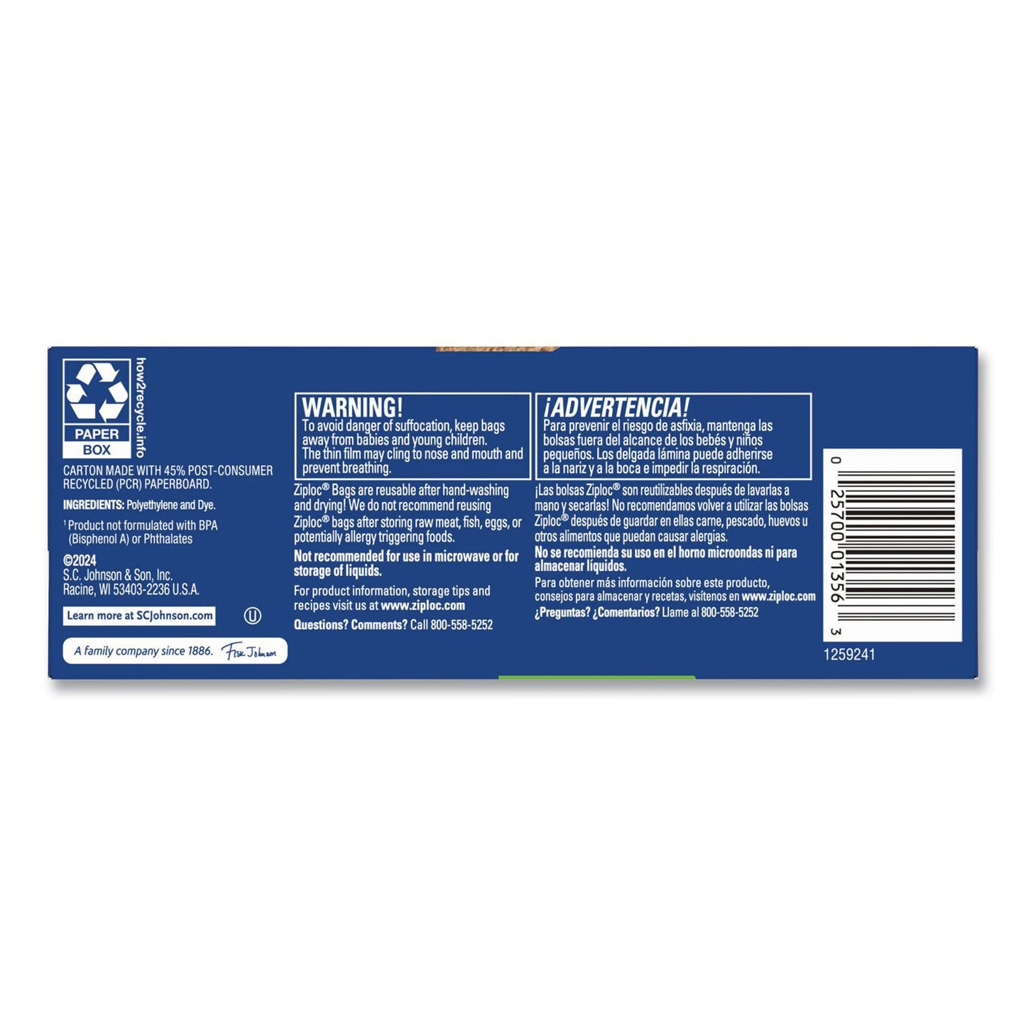 BAG, SANDWICH ZIPLOC STORAGE (50/BX 12BX/CS)