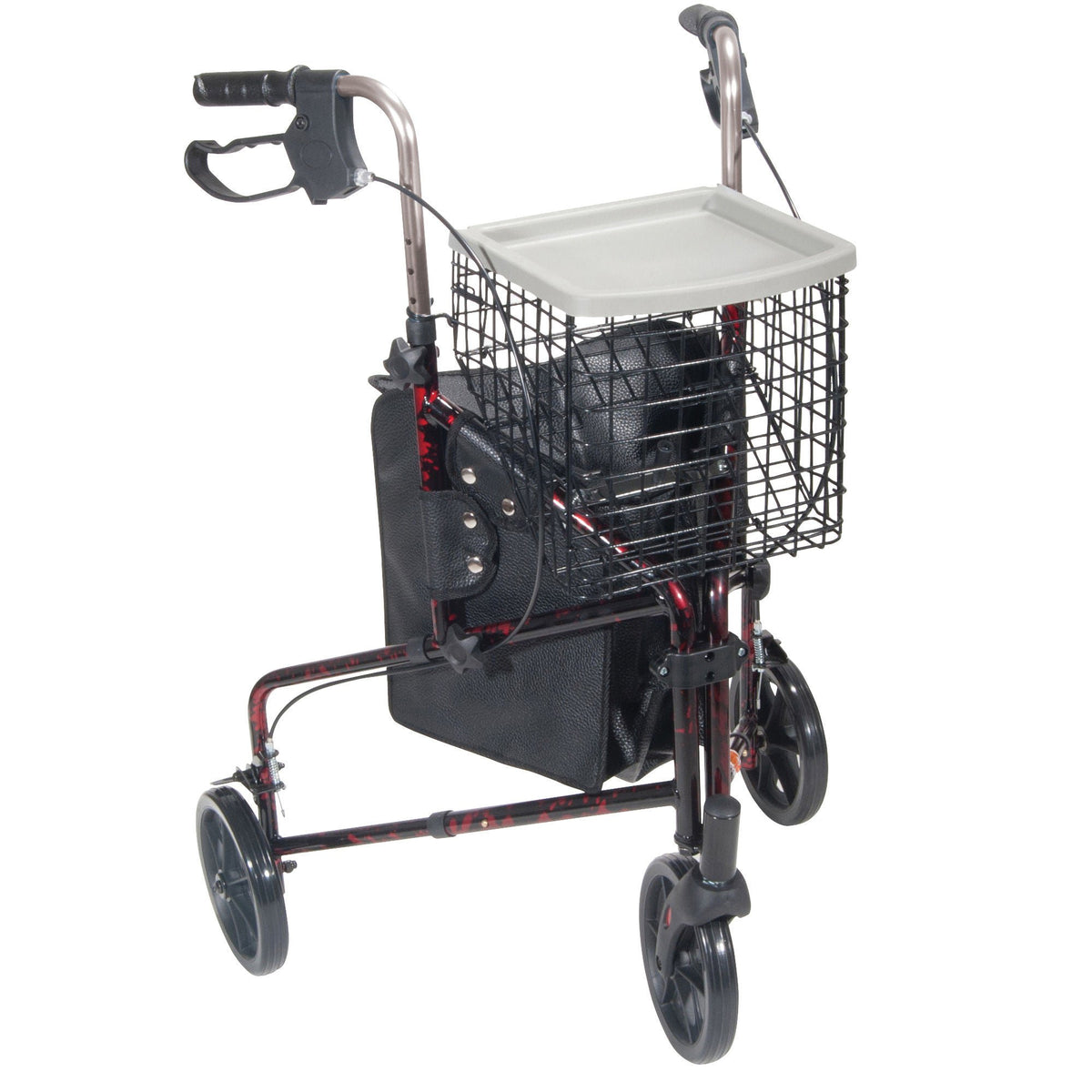 WALKER, ROLLATOR 3WHEEL ALUM WBASKET/TRAY/POUCH RED