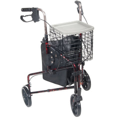WALKER, ROLLATOR 3WHEEL ALUM WBASKET/TRAY/POUCH RED