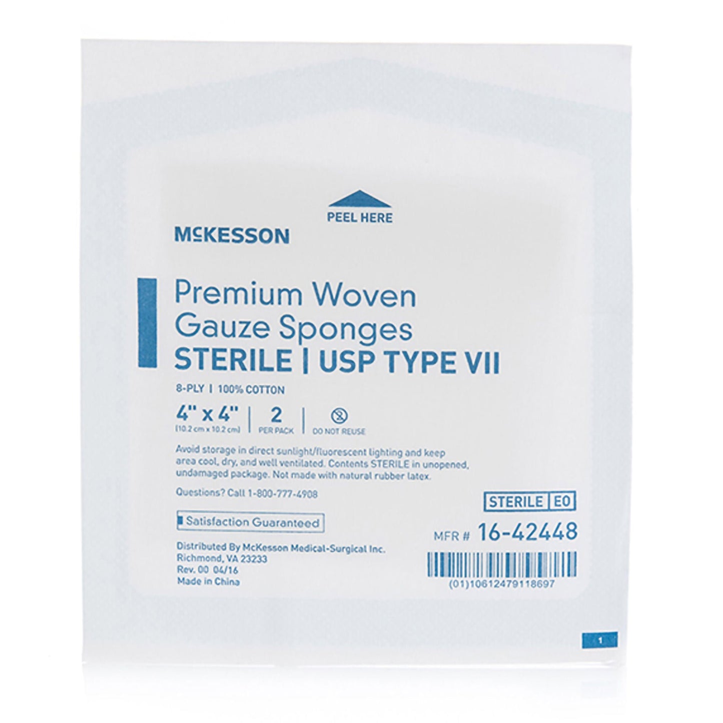 SPONGE, GAUZE TYPE-VII 8PLY STR 4"X4" (2/PK 50PK/BX 12BX/CS)