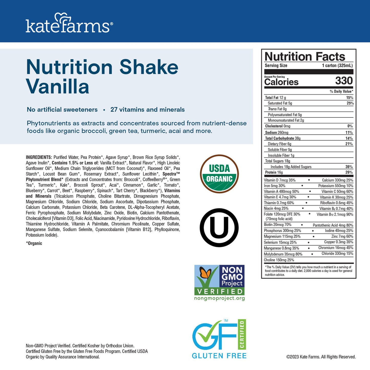SHAKE, NUTRITION KATE FARMS VAN 11 FL OZ 325ML (12/CS)