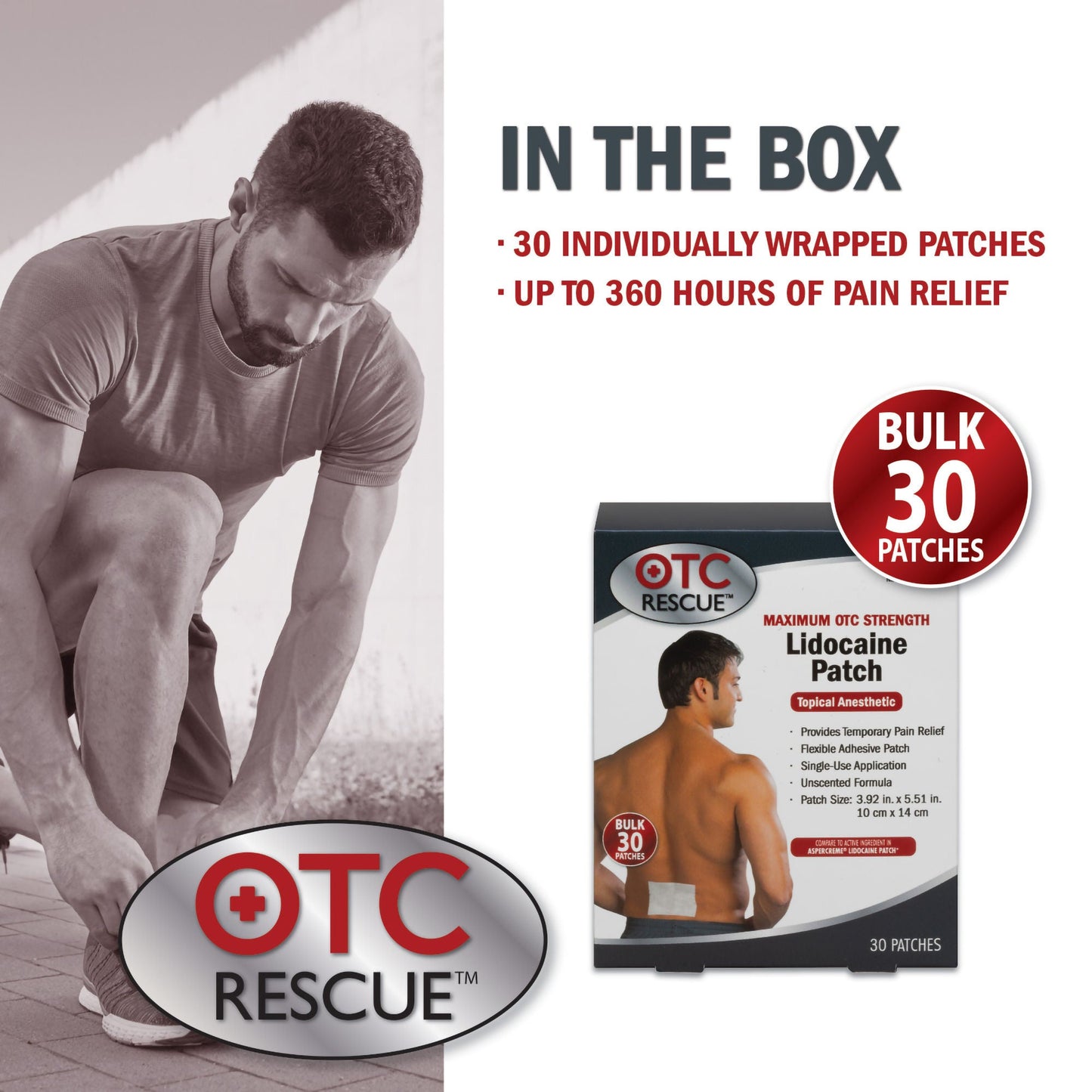 LIDOCAINE, PATCH PAIN RELIEF OTC RESCUE 30COUNT (8/CS)