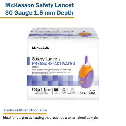 LANCET, SAFETY PRESS ACTIV PURP 1.5MM 30G (100/BX 20BX/CS)