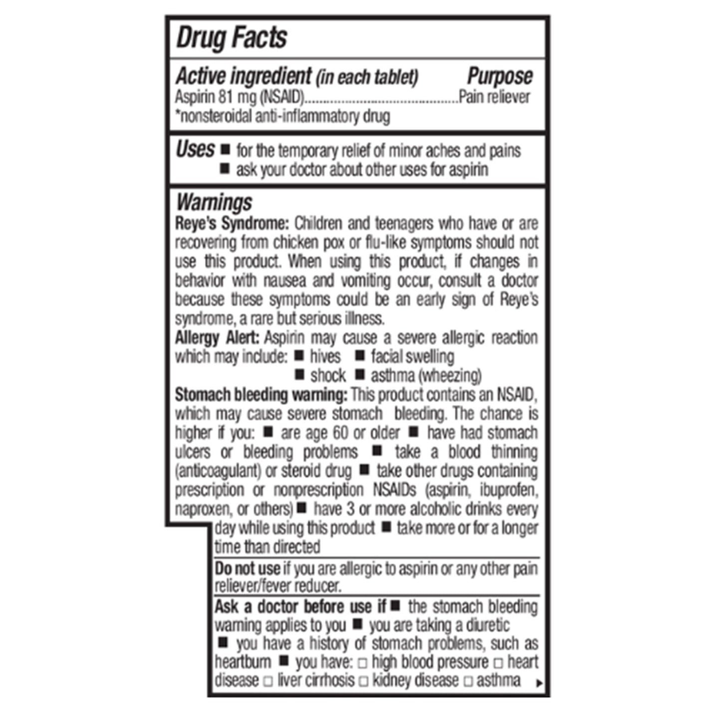 ASPIRIN, TAB 81MG (200/BT 12BT/CS)