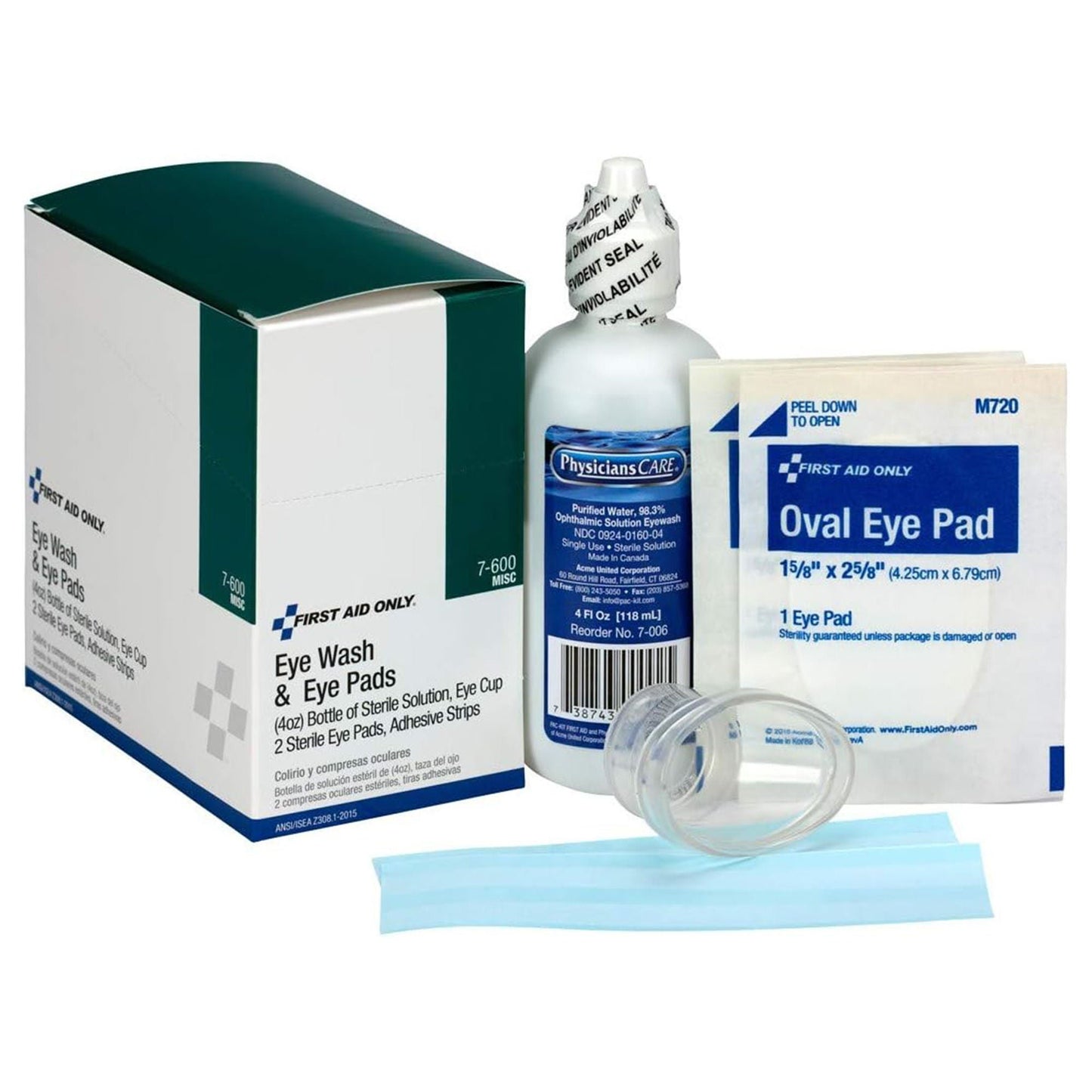 EYE FLUSH KIT, W/4OZ EYEWASH/EYE PADS/ADH STRIPS (24/CS)
