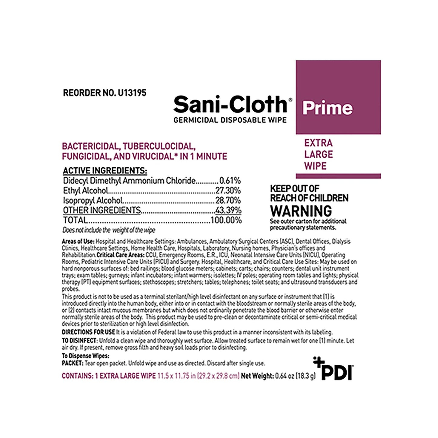 WIPE, GERMICIDAL SANI-CLOTH PRIME XLG (50BX 3BX/CS)