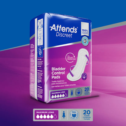 PAD, BLADDER CNTRL ATTENDS DISCREET MAX LONG (20/BG 10BG/CS)
