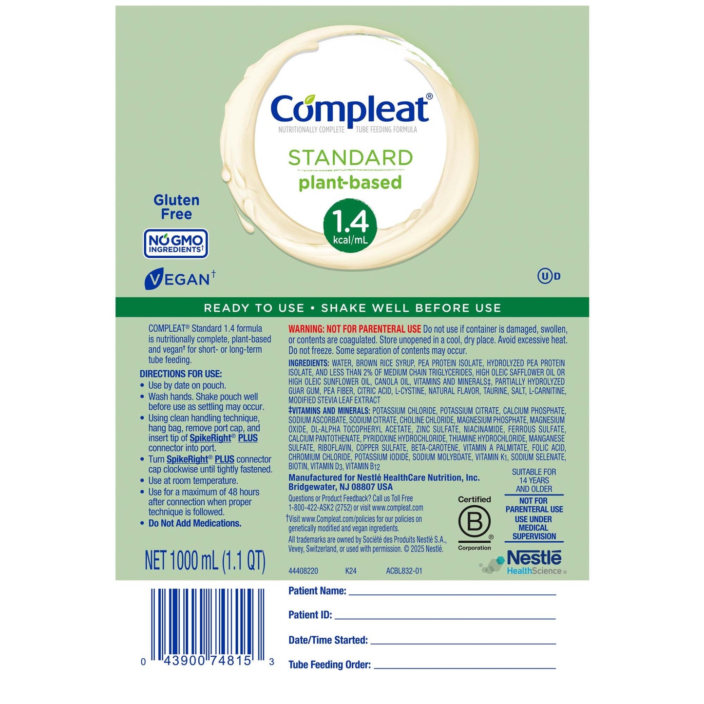 COMPLEAT, STD 1.4 CALORIE SPIKERIGHT PLUS BAG 1000ML (6/CS)