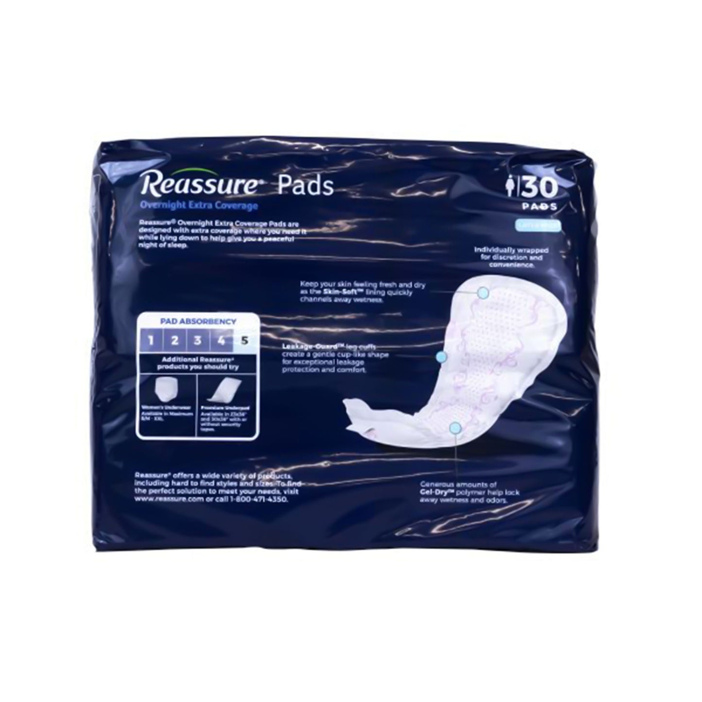 Reassure® Overnight Extra Coverage Pads, 7.5 x 14.5 Inch, Heavy Absorbency