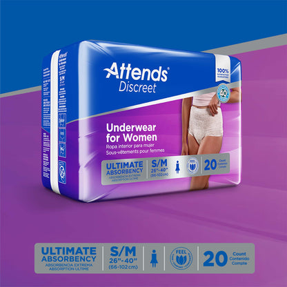 UNDERWEAR, DISCREET ATTENDS FML SM/MED (20/BG 4BG/CS)
