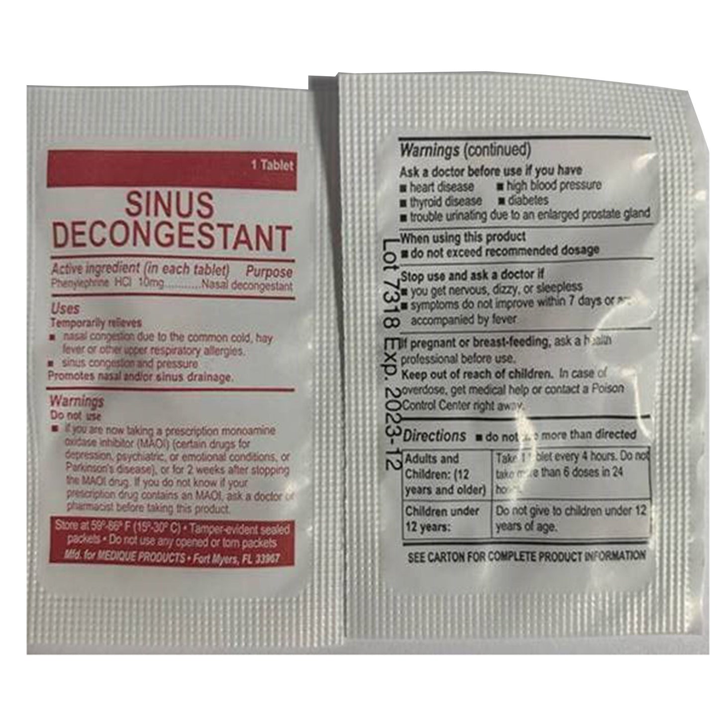 SINUS RELIEF, TAB 10MG (100/BX24BX/CS)