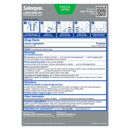 SALONPAS, PATCH GEL LIDOCAINE PAIN (6/EA 3/PK 12PK/CS)