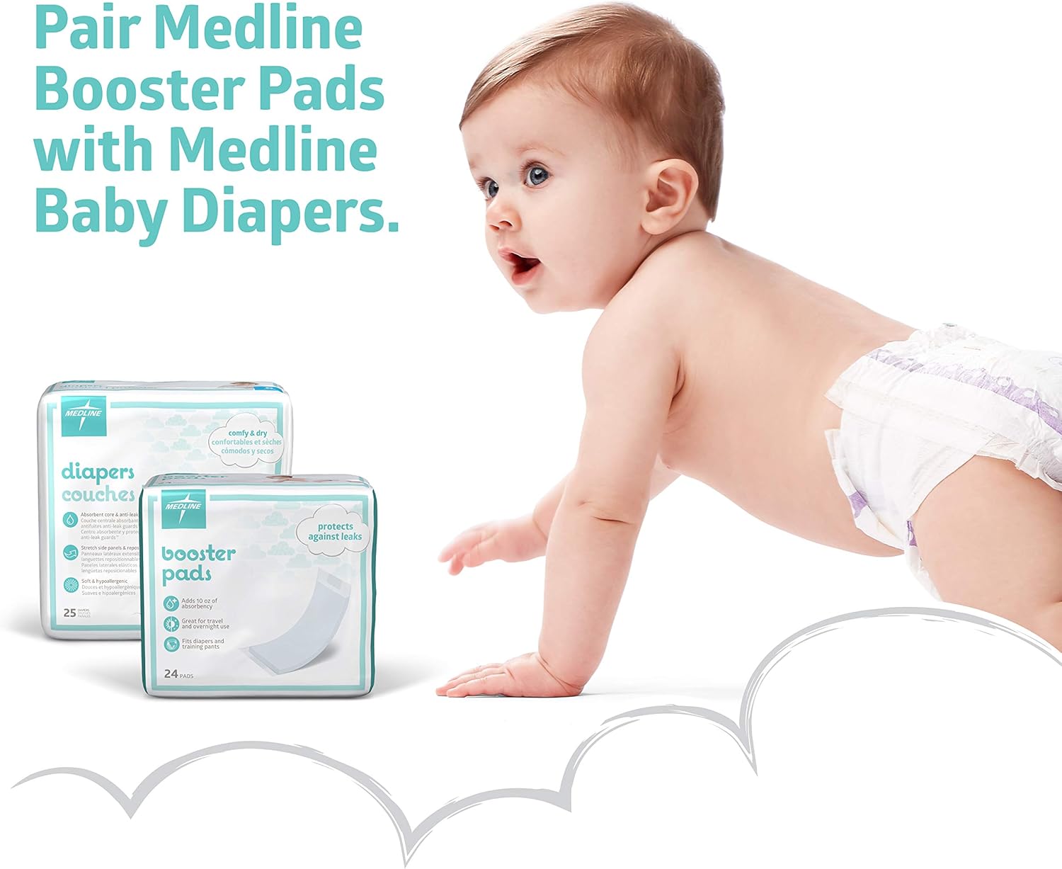 Medline Booster Pads with Adhesive, 192 Count, Baby Diaper Doubler for Overnight Use to Help Eliminate Leaks