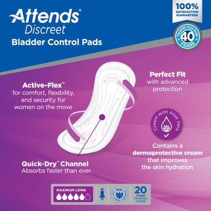 PAD, BLADDER CNTRL ATTENDS DISCREET MAX LONG (20/BG 10BG/CS)