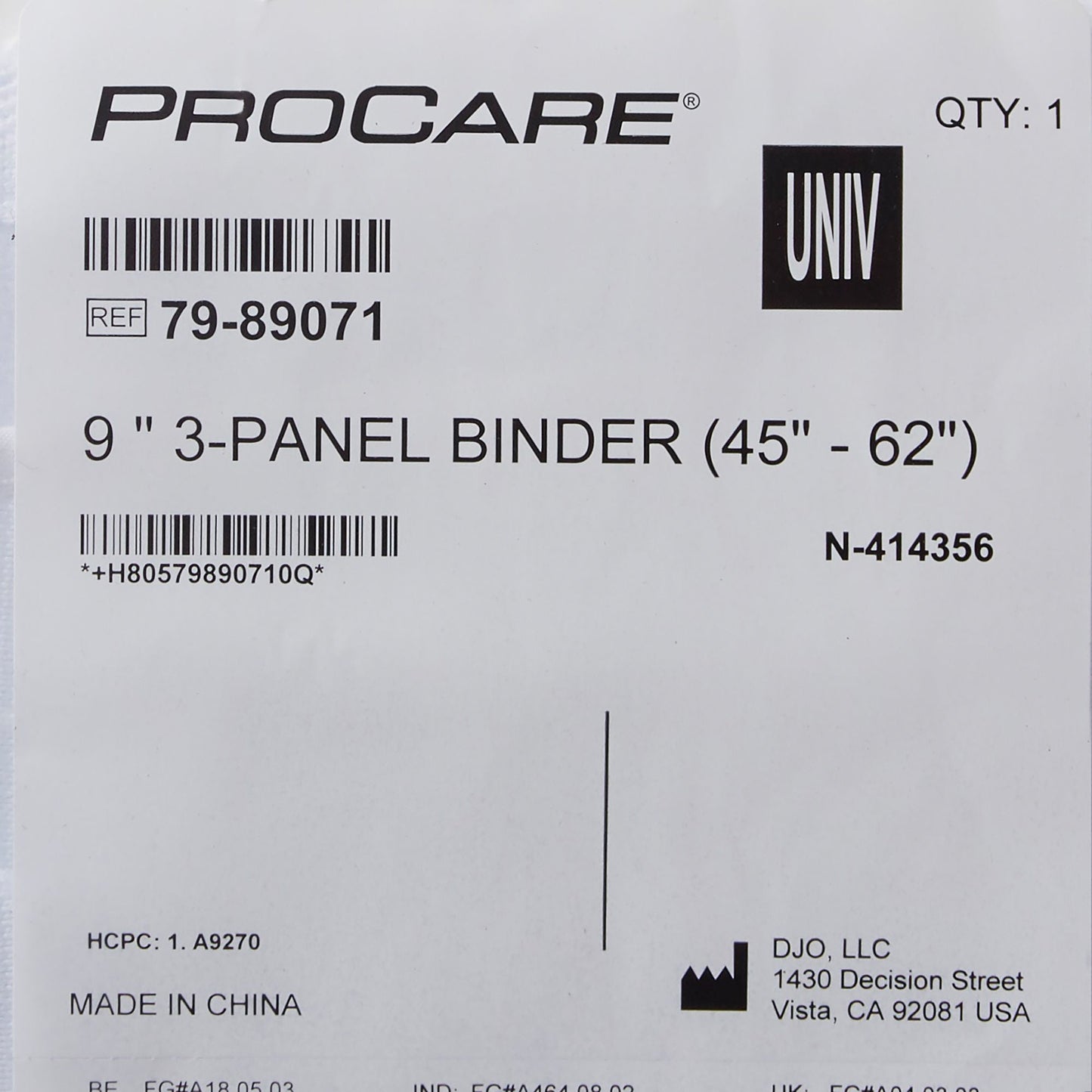 BINDER, 3PANEL 9" 45"-62" UNIV