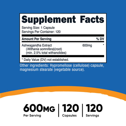 VITAMIN, CAP ASHWAGANDHA ROOT 600MG (120/BT 12BT/CS)