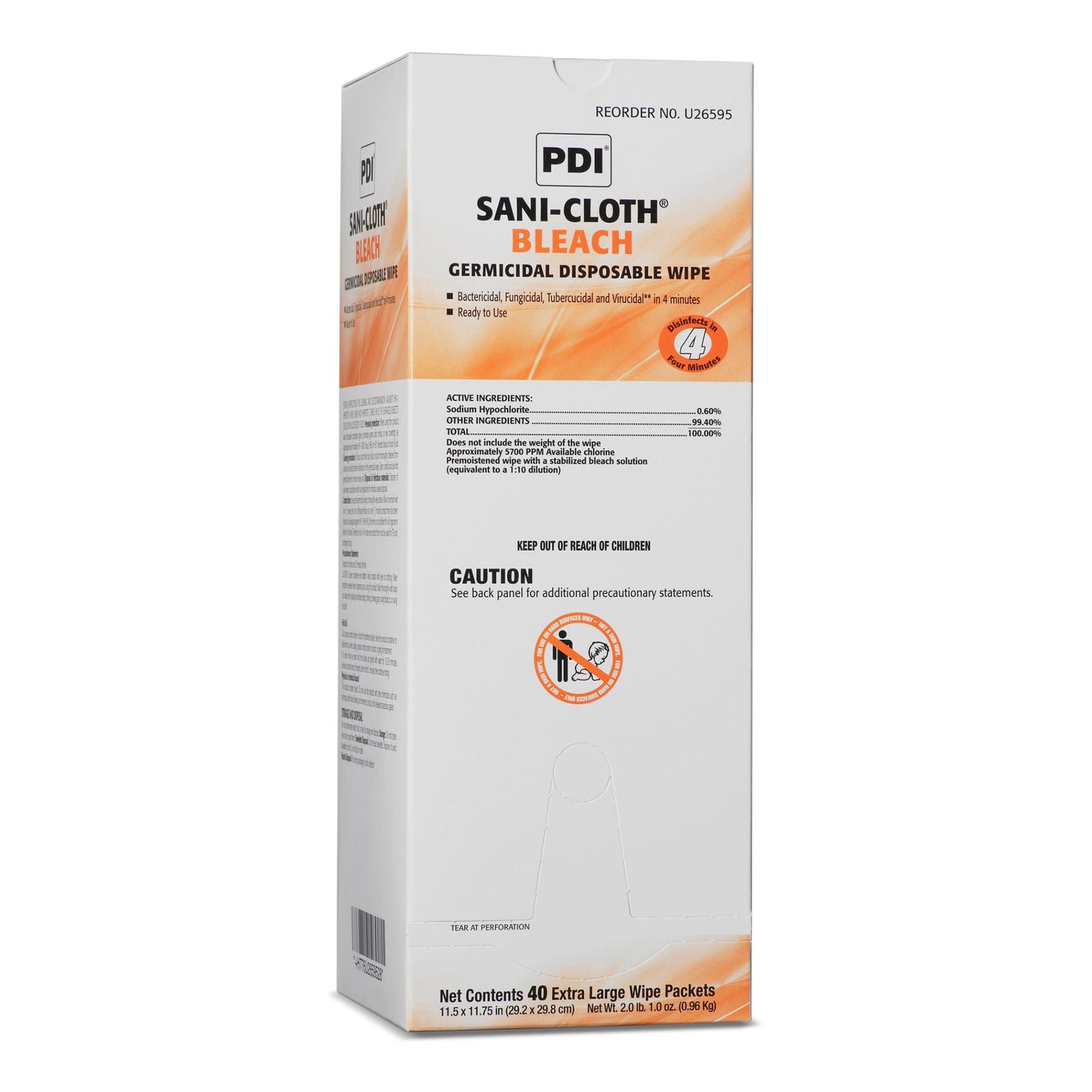 WIPE, HRD SURF WET SANICLTH BLCH 11.5X11.75(40/BX