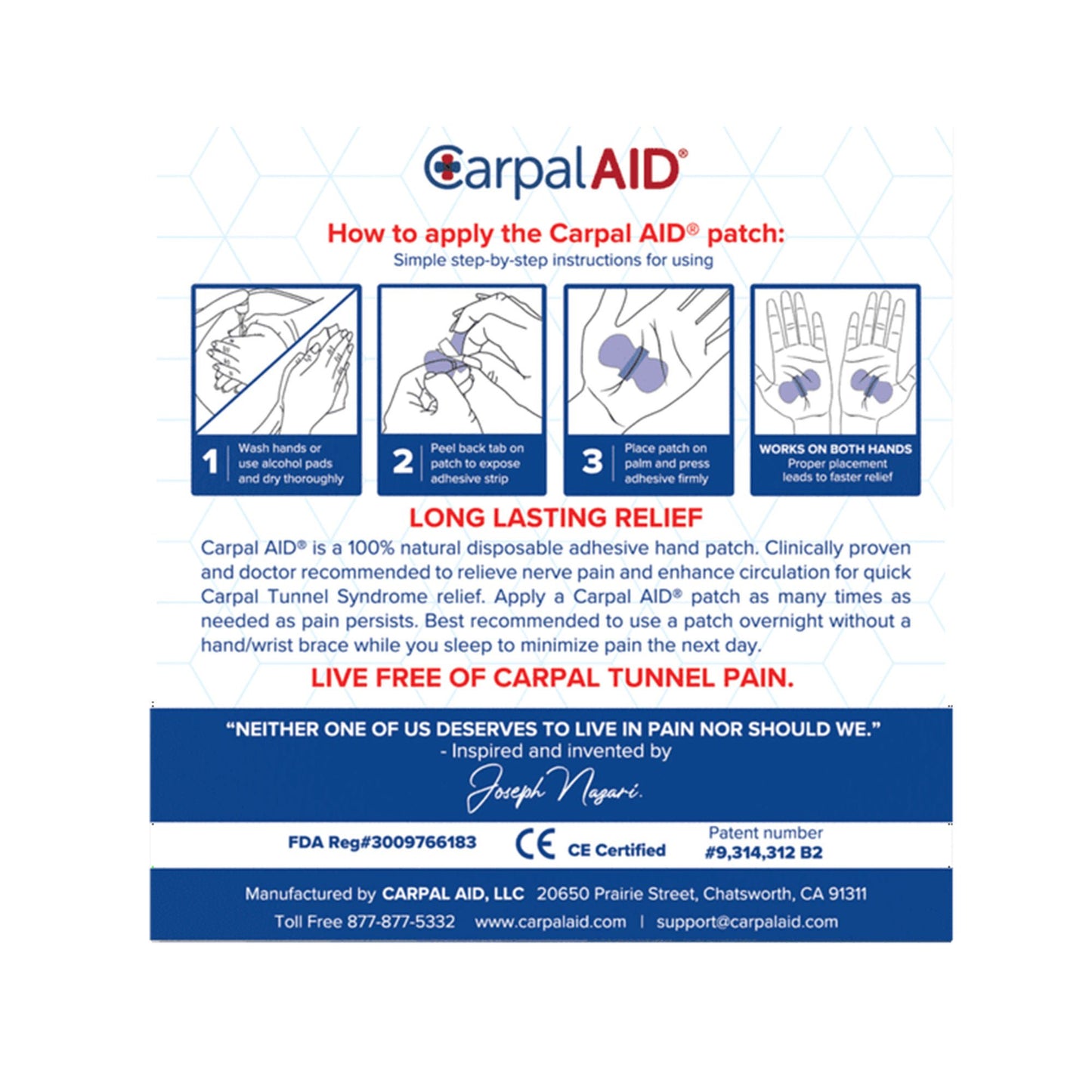 PATCH, HAND CARPAL AID PATCH LG (20/PK 48PK/CS)