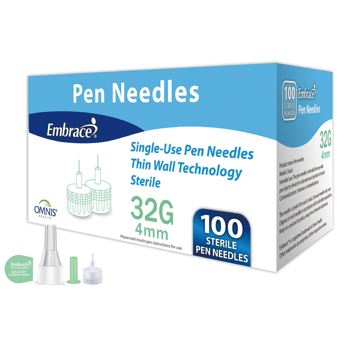 NEEDLE, PEN EMBRACE 32G 4MM (100/BX)