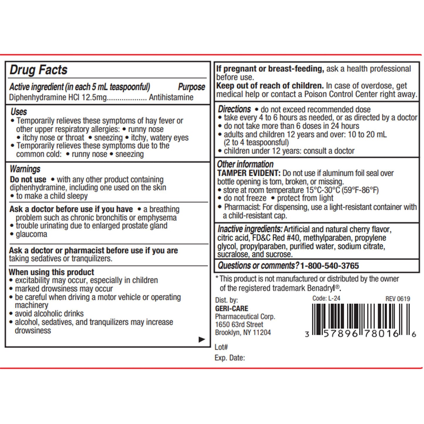 DIPHENHYDRAMINE HCL, LIQ ALCHL FREE 12.5MG/5ML 16OZ (12BT/CS