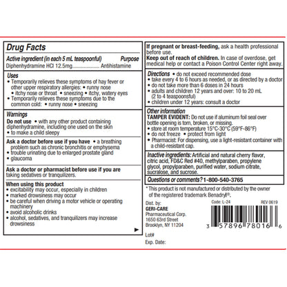 DIPHENHYDRAMINE HCL, LIQ ALCHL FREE 12.5MG/5ML 16OZ (12BT/CS