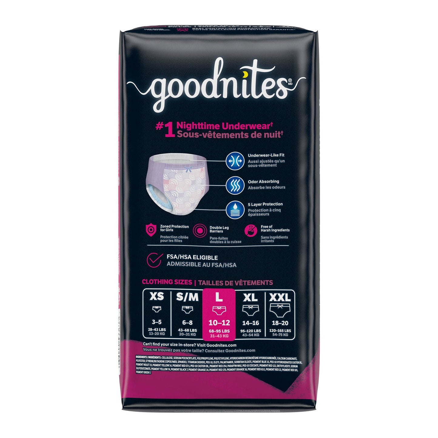 PANTS, INCONT GOODNITES GIRLS YTH LG SZ5 (11/PK 4PK/CS)