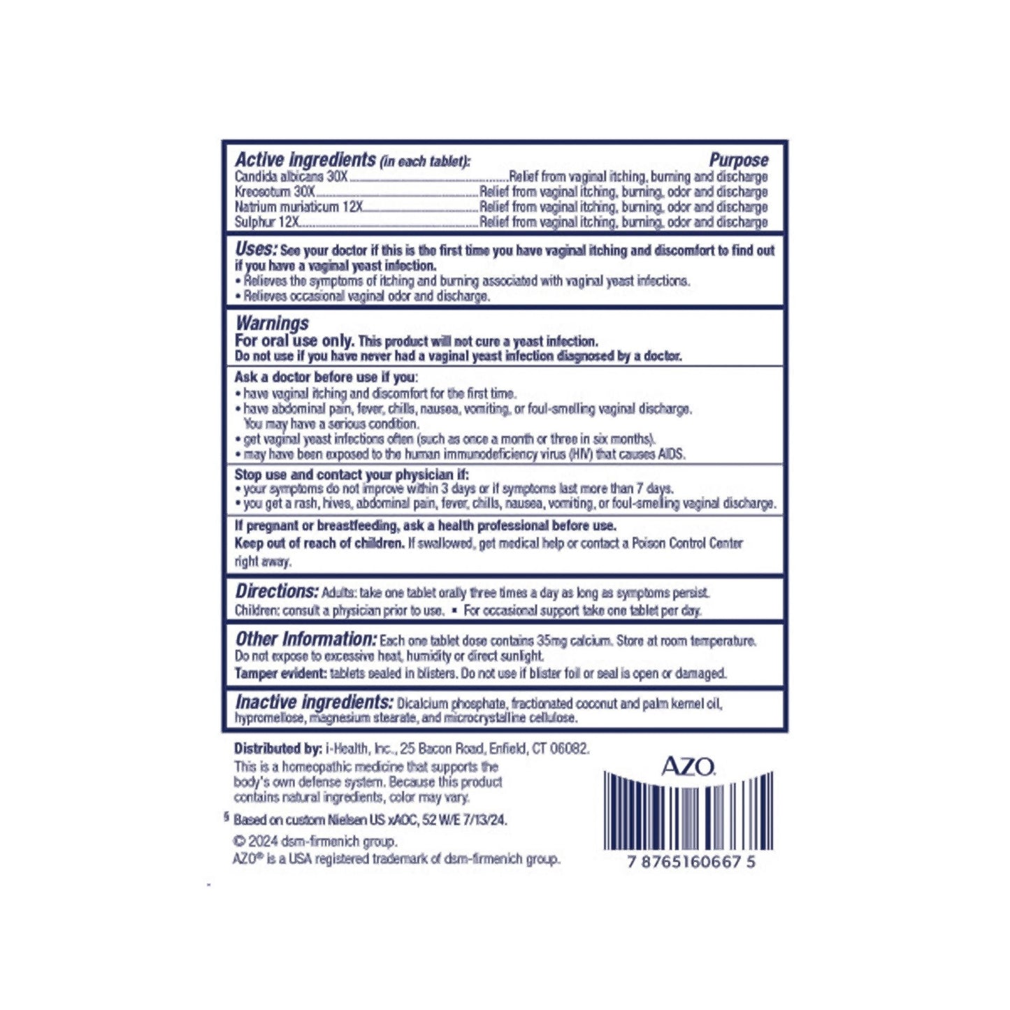 PAIN RELIEF, TAB AZO YEAST (60/BX 24BX/CS)