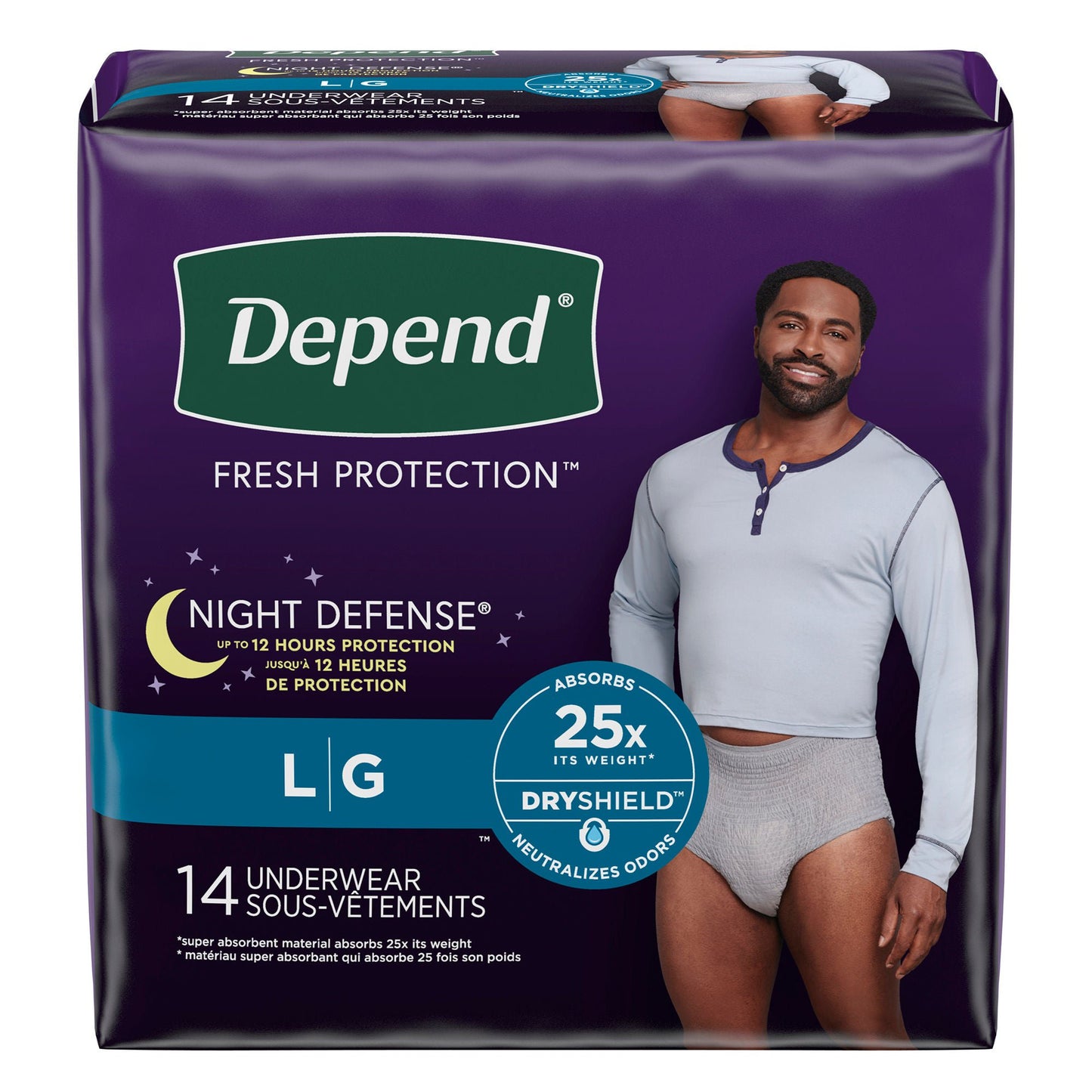 UNDERWEAR, DEPEND NIGHT DEFENSE GRY LG (14/PK 4PK/CS)