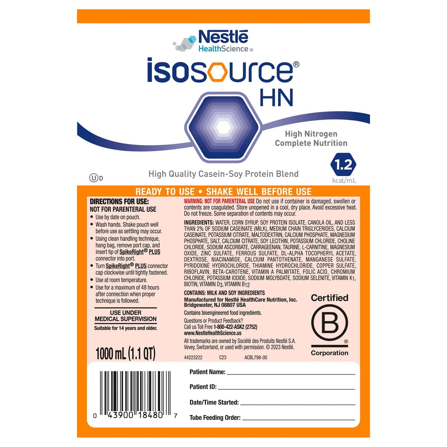 ISOSOURCE HN, CLSD SYSTEM 1000ML (6/CS)