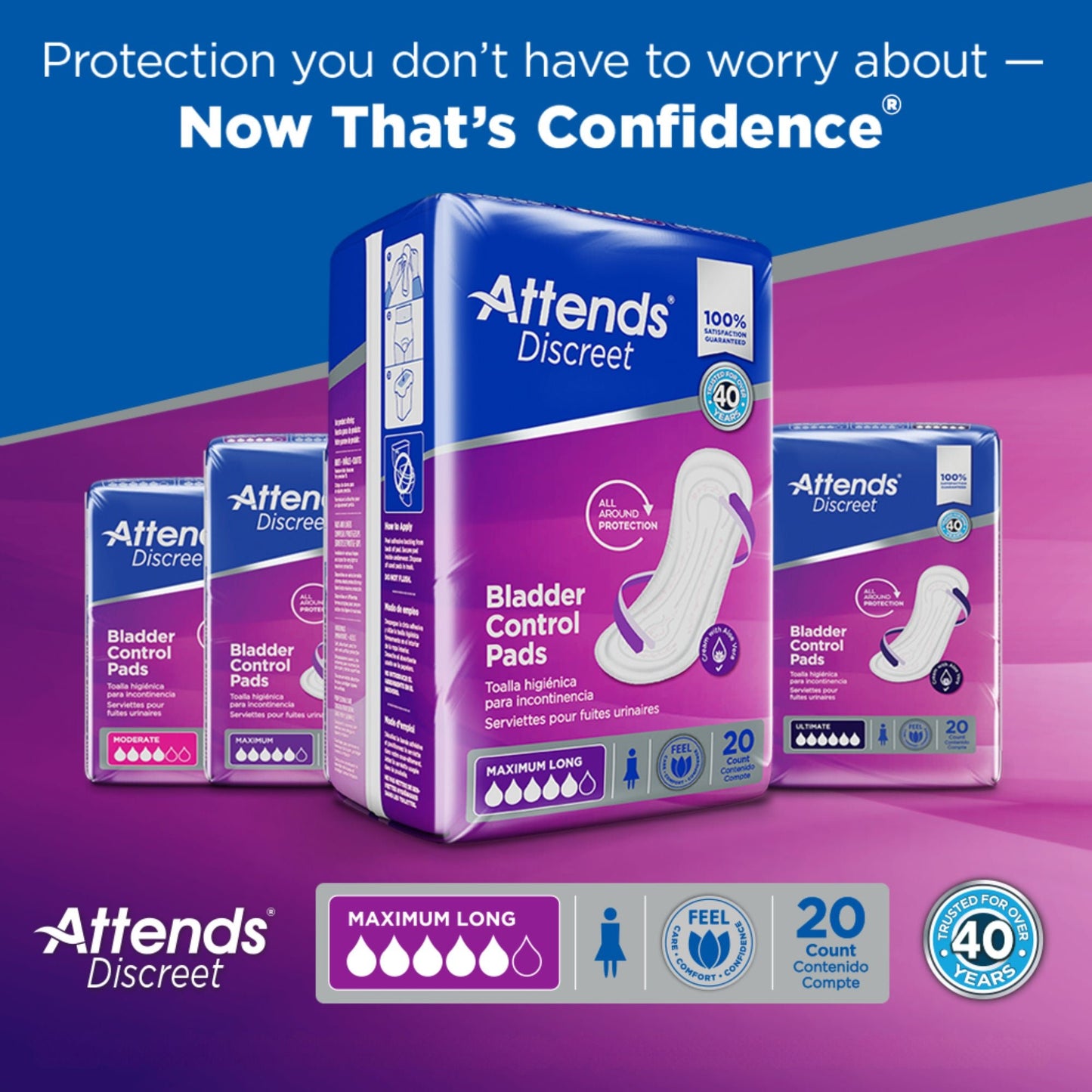 PAD, BLADDER CNTRL ATTENDS DISCREET MAX LONG (20/BG 10BG/CS)
