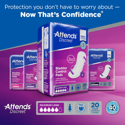 PAD, BLADDER CNTRL ATTENDS DISCREET MAX LONG (20/BG 10BG/CS)