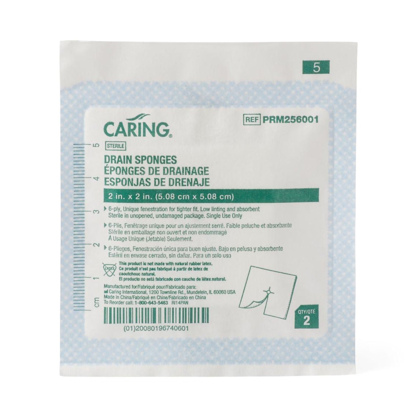 Caring® Drain Sponge, 2 x 2 Inch, 6-Ply