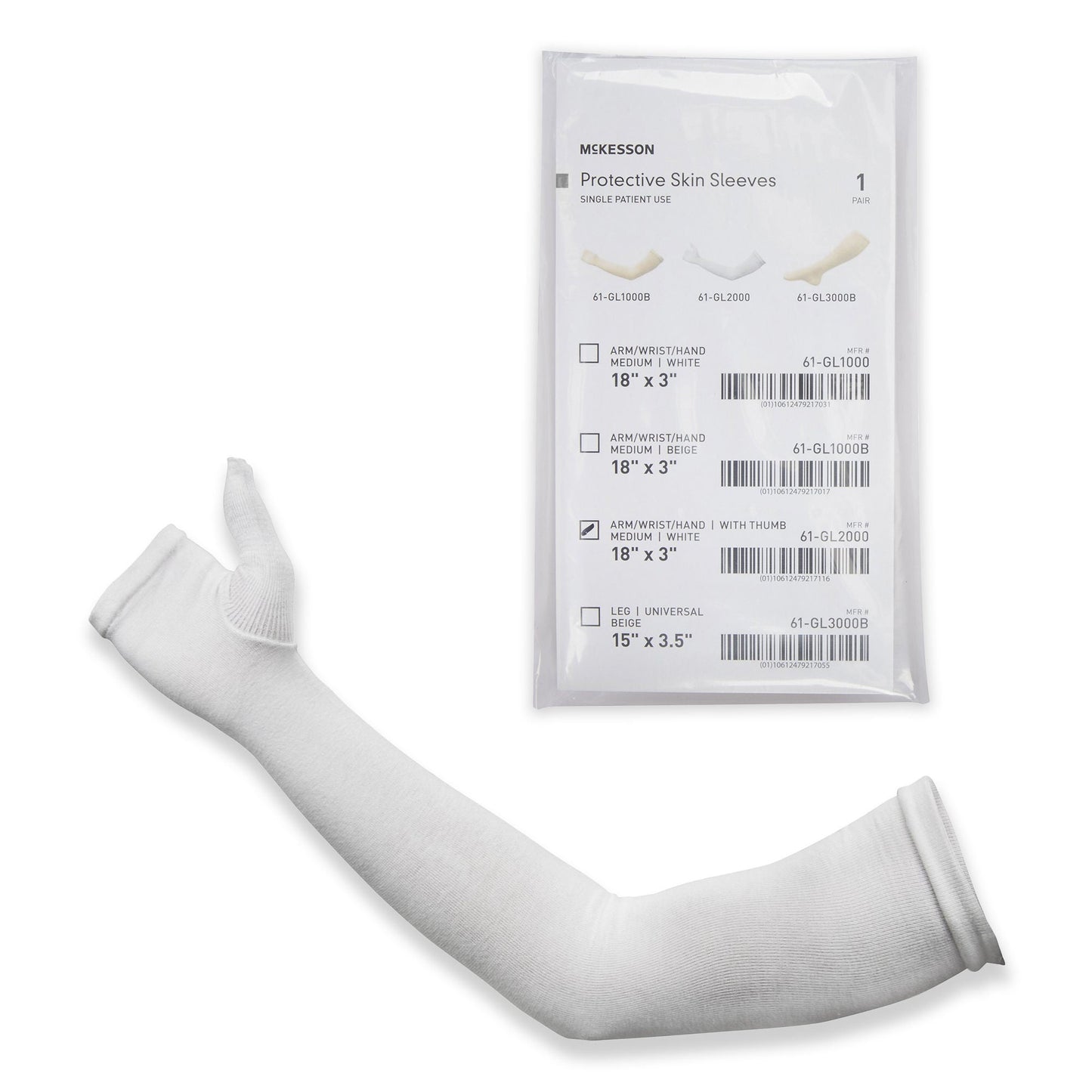 ARM SLEEVE, W/THUMB WHITE 18"X3" (12PR/CS)