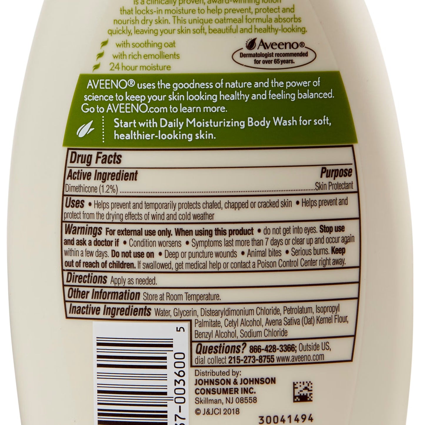 LOTION, AVEENO MOISTURE W/PUMP12OZ (12/CS) J&JOTC
