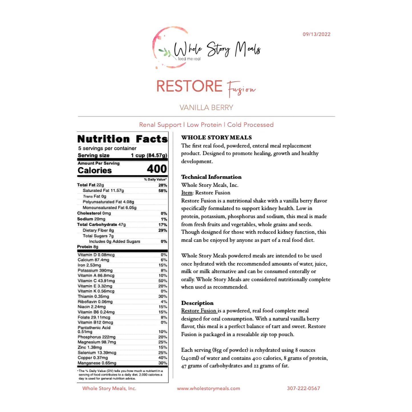 FOOD, POWDERED RESTORE RENAL SUPP VAN/BERRIES 16OZ (30/CS)