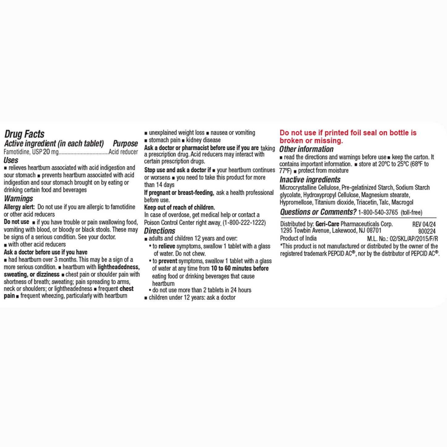 FAMOTIDINE, TAB 20MG (100/BT 24BT/CS)