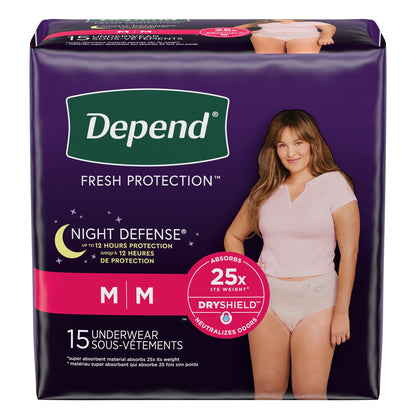 UNDERWEAR, INCONT DEPEND OVRNIGHT BLUSH FML MED (15/PK 4PK