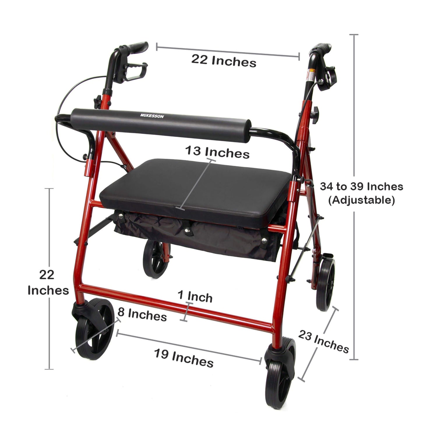 WALKER, ROLLATOR HVY DUTY FOLDING STEEL W/8" WHLS RED 400LB