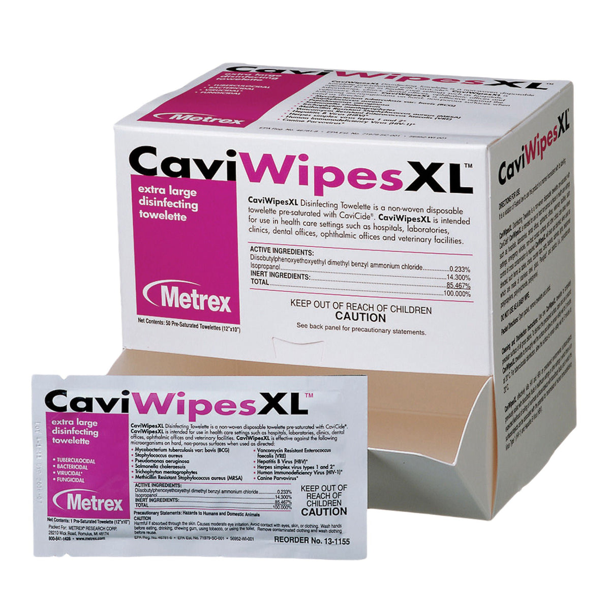 WIPE, DISINFECTANT CAVIWIPES XLG SNGL 12X10 (50/BX