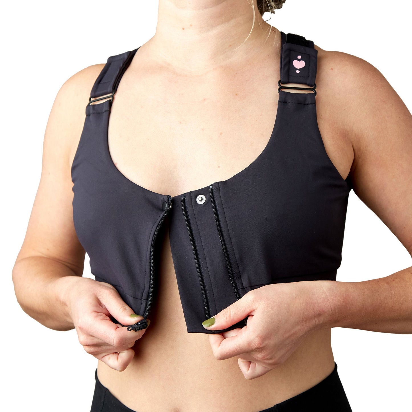 BRA, PST-OP SHIRL W/DBL ZIP FRNT CLSR STRAP BLK SQUEEN (36/C