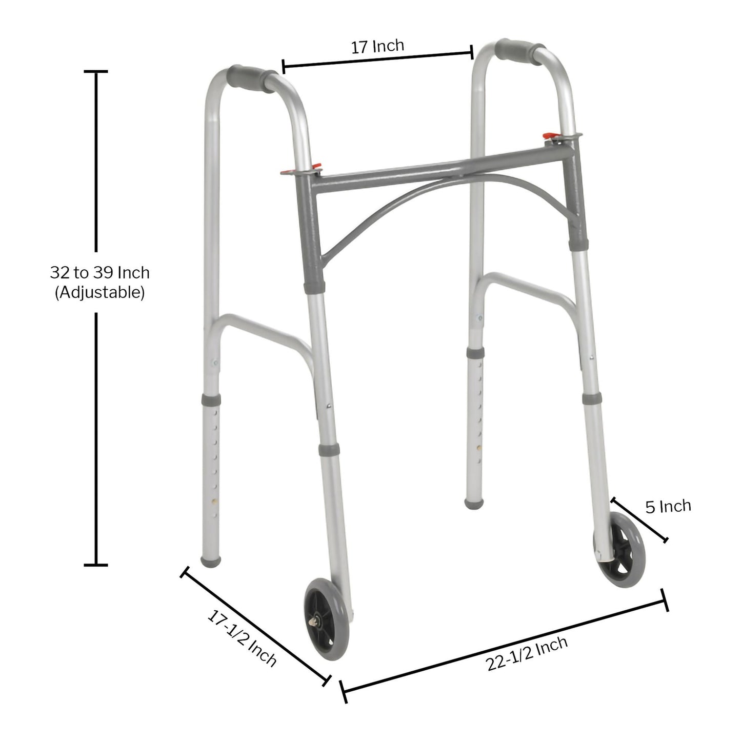 WALKER, DUAL FOLDING STEEL ADLT 350LB W/5" WHEELS